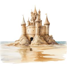 an illustration of a castle on the beach with sand and water around it, painted in watercolor