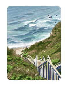 a painting of the ocean and beach with stairs leading up to the water's edge