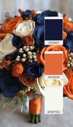 a wedding bouquet with orange and blue flowers on the bridal gown color swatches