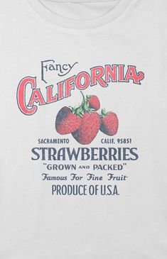 Online only! The Kids California Strawberries T-Shirt features a fresh and cheerful design inspired by California's beloved strawberries. With a crew neckline, short sleeves, and a comfortable fit, it's a delightful choice to celebrate the sunny vibes of the Golden State.   	Solid color tee 	Short sleeves 	Crew neckline 	Front graphic 	Regular fit 	100% Cotton 	Machine washable Girly Graphic Tees, Fruit Graphic Tee, Graphic Tee Png, Popular Shirt Designs, Strawberry T Shirt, Vintage Floral Shirt, Fab Lab, Strawberry Shirt, Sunny Vibes