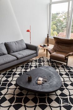 a living room with two couches and a coffee table in front of a large window