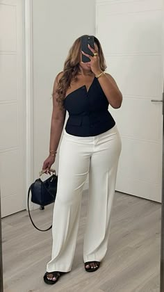 Curvy outfit, Summer outfit inspo, Black and white, Black and white summer looks, Black corset top, White pants, Wide leg pants, Wide leg white pants, How to wear corset top, How to wear white,Curvy outfit summer, Curvy fashion, Midsize outfit summer, Black waist coat, How to wear waist coat, Waist coat outfit, Waist coat summer looks, outfit inspo, French girl fashion, French girl outfit, European girl style, French girl summer outfit, Minimalist fashion, Effortless outfits, Effortless chic, Chic outfit, Elegant outfit style, Styling looks, Clean girl style, Clean girl aesthetic, Old money fashion, Old money outfits, 90's fashion #zara #hm #whiteaesthetic #fashioninspiration #fashiondaily #fashiongram #summerstyle #midsize Curvy Elegant Outfit Summer, Pants And Corset Outfit Elegant, Curvy Old Money Outfits, Corset And Pants Outfit, Waist Coat Outfit, Wide Leg Pants Outfit Casual, Black Wide Leg Pants Outfit, Curvy Outfits Summer, Wide Leg White Pants