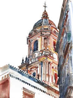 a watercolor painting of a building with a steeple