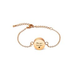 a gold bracelet with the words, miss you and i love you