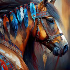 a painting of a horse with feathers on it's face and headdress