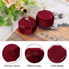 three pieces of red velvet ring box with flowers in the background and instructions on how to use them