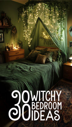 a bedroom with green walls and lights on the headboard is featured in this article