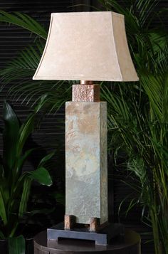 Hammered Copper & Slate Tall Table Lamp - Your Western Decor Short Table Lamps, Uttermost Lamps, Tall Table Lamp, Slate Table, Lamp Natural, Linen Lamp Shades, Tall Table Lamps, Rustic Table Lamps, Black Forest Decor