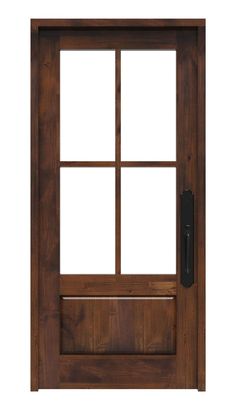 a wooden door with glass panels on the front and side panel, in dark brown