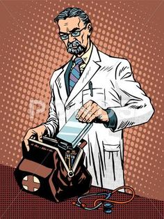 a man in a lab coat and tie is looking at an old fashioned typewriter