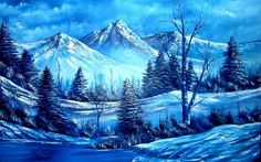 a painting of snow covered mountains and trees