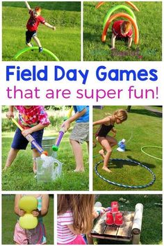 the cover of field day games that are super fun for kids to play with inflatable toys