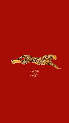 a cheetah running across a red background with the words take the leap on it