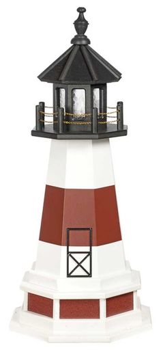 a white and red lighthouse with a black top on it's side, in front of a white background