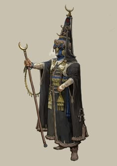 an old man dressed in black and gold holding a sception with two horns on his head