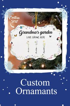 an ornament hanging from a christmas tree with the words grandma's garden on it