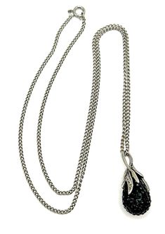 Vintage Black Crystal Pendant Necklace Marcasite Leaf Accents Silver Tone Chain