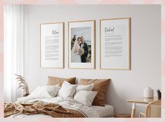 a bed with two pictures hanging on the wall above it, and another photo next to it