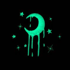 the moon and stars glow green in the night sky, while dripping paint is all over it