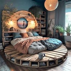 a bed made out of wooden pallets in a room with blue walls and wood floors