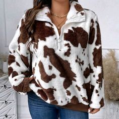 Brown & White Plus Sz Cow Print Half Zipper Sweatshirt 95% Polyester 5% Elastane Sweatshirt Women Casual, Flannel Sweatshirt, Zip Collar, Country Outfits, Inspiration Mode, Print Pullover, Cow Print, White Sweatshirt, Long Sleeve Casual