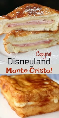 some food that is on a plate and in front of the words copycat disneyland monte cristo