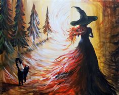 an acrylic painting of a witch and her cat in the woods with trees