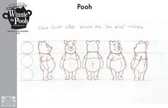 a drawing of winnie the pooh and her four friends in different stages of development