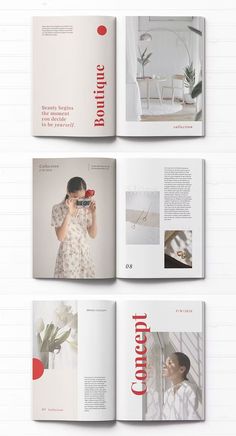 the inside pages of a magazine are open to show photos and text on it, including an image of a woman holding a camera