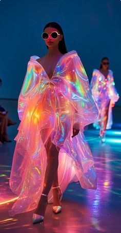 Neon Runway Fashion, Space Theme Dress, Extragalactic Fashion, Weird Fashion Runway, Crazy Day Outfits, Pixel Fashion, Led Clothes, Pink Rave Outfit, Holographic Fashion