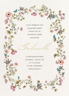 a wedding card with flowers and butterflies in the middle, on top of a white background