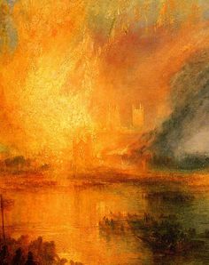 an oil painting of a fire burning over a body of water with boats in the foreground