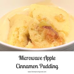 microwave apple cinnamon pudding in a bowl with the words microwave apple cinnamon pudding above it