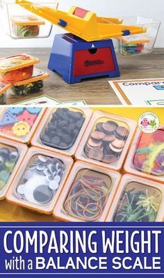 the book comparing weight with a balance scale is shown in front of several plastic containers