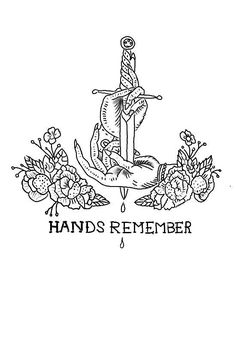 a drawing of an anchor with flowers around it and the words hands remember written in black ink