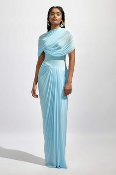 Baby Blue Maxi Dress, Draped Sleeves, Designer Maxi Dress, Blue Maxi Dress, Draped Top, Lingerie Outfits, Blue Maxi, Pleated Maxi Dress, Pleated Maxi