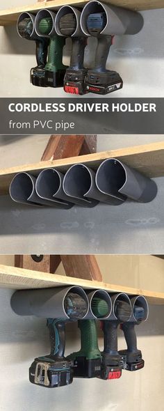 two pictures showing different types of drillers and other tools in the same shelf, with text overlay that reads cordless driver holder from pvc pipe