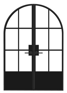 an open black double door with glass and metal bars on each side, viewed from the outside