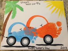 a hand painted card with a car and palm tree