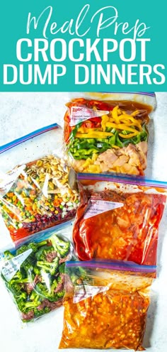 the meal prepped crockpot dump dinners are packed in plastic bags