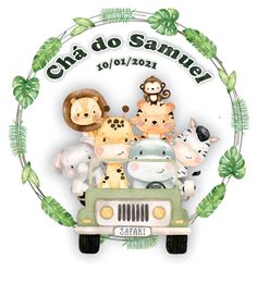 a car with animals in the back is surrounded by greenery and leaves, as well as an inscription that reads cha do santa