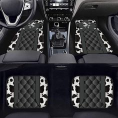 the interior of a car with black and white cow print floor mats, steering wheel covers and dash pedals