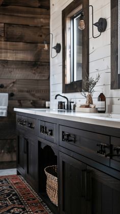 a bathroom with a sink, mirror and rug in front of the counter top is made out of wood planks