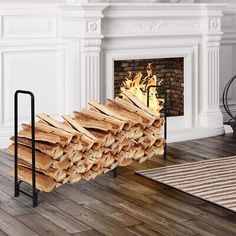 a stack of logs sitting in front of a fire place on a wooden floor next to a fireplace