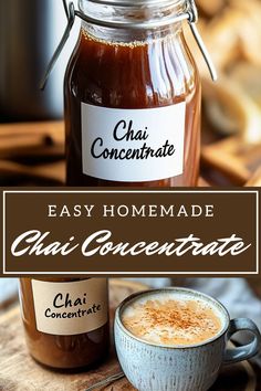 homemade chai concentrate in a glass jar with cinnamon on the side