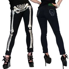 New With Tags Unisex Mid-Rise Skinny Pants. Bad To The Bone Skeli Jeans Are Back! White Skeli-Bone Printed On A Medium Rise 98% Cotton 2% Lycra Jeans. Featuring Back Pockets With Coffin Pockets Embroidered With Skulls. Just Choose The Size You Normally Wear! Available In Sizes 26, 28, 30, 32, 34, 36, 38, 40 Jslw 59 Fitted Punk Bottoms With Skull Print, Halloween Streetwear Fitted Pants, Fitted Pants For Streetwear Halloween, Edgy Halloween Bottoms, Alternative Halloween Bottoms For Night Out, Edgy Bottoms For Halloween Night Out, Alternative Style Bottoms For Halloween Night Out, Edgy Fitted Pants For Halloween, Edgy Halloween Night Out Bottoms