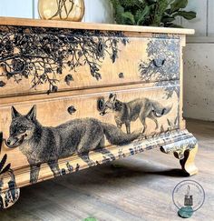 an animal themed chest with foxes on it