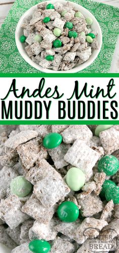 mint muddy buddies recipe in a bowl with green and white candies