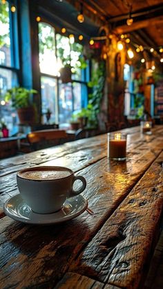 a cup of coffee sitting on top of a wooden table next to a lit candle