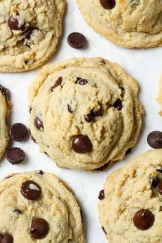 chocolate chip cookies are arranged on a white surface